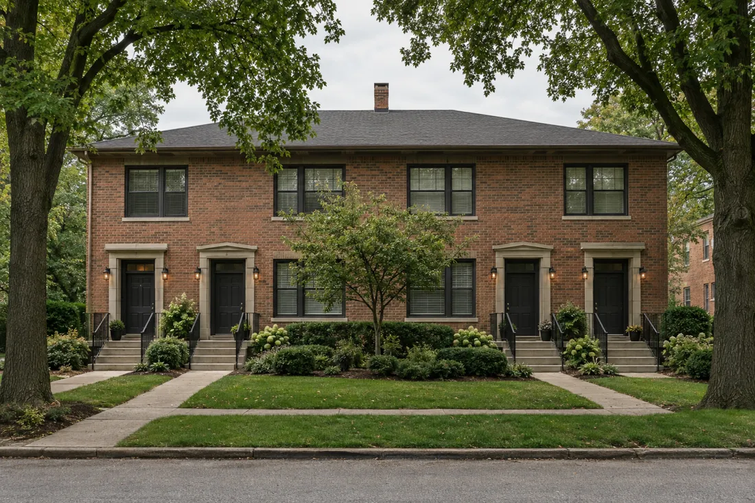 A well-kept brick fourplex rental building with mature trees